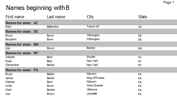 banded report showing formatting and "bands" grouping the results by state